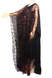 Black Red Sexy Solid Sequins Patchwork See-through O Neck Plus Size Two Pieces