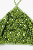 Зеленый сексуальный однотонный лоскутный комбинезон без рукавов с блестками из двух предметов