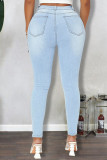 Medium Blue Street Solid Ripped Patchwork Vanliga jeans med hög midja