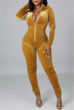 Yellow Fashion Casual Solid Patchwork Zipper Collar Skinny Jumpsuits