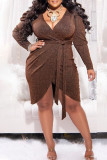 Brown Sexy Solid Patchwork With Belt Asymmetrical V Neck Irregular Dress Plus Size Dresses
