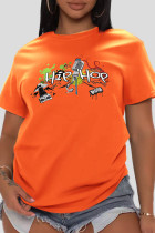 Camisetas con cuello en O de letras de patchwork con estampado casual de moda naranja