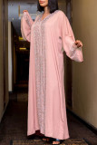 Rosa moda casual patchwork taladro caliente cuello en V manga larga vestidos de talla grande
