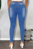 Mittelblaue, feste, zerrissene Patchwork-Jeans mit hoher Taille und regulärer Passform