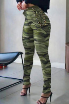 Pantalones pitillo de cintura alta con estampado casual de frenillo de moda verde militar