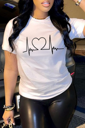 White Fashion Sweet Print Patchwork O Neck T-Shirts