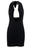 Черное модное сексуальное однотонное платье с открытой спиной и бретельками без рукавов