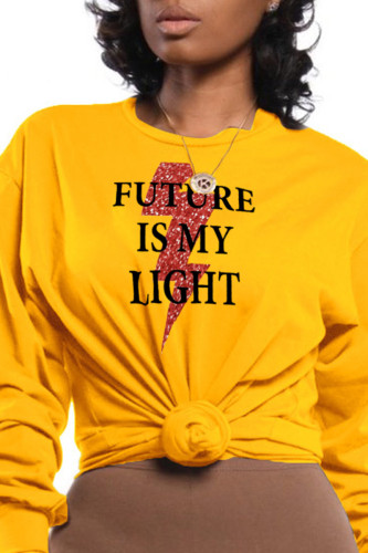 Yellow Fashion Street Print Patchwork O Neck Tops
