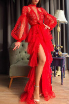 Rote sexy solide Patchwork-Patch-Kleider mit asymmetrischem O-Ausschnitt