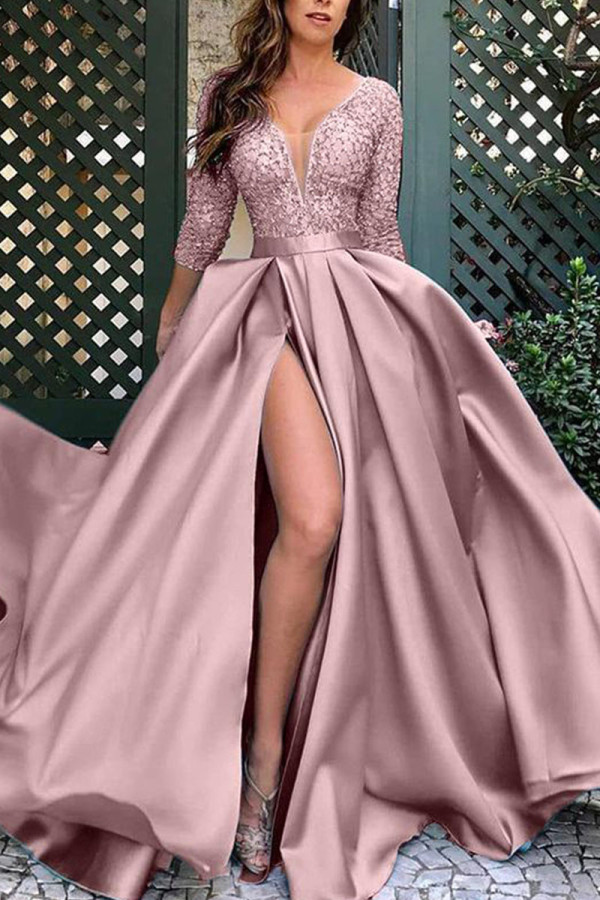 Rosa sexy elegante solide Patchwork-Kleider mit Schlitz und Falten und V-Ausschnitt in A-Linie