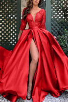 Rote, sexy, elegante, solide Patchwork-Kleider mit Schlitz und Falten und V-Ausschnitt in A-Linie