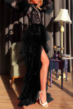 Zwarte sexy effen patchwork patch asymmetrische O-hals jurken