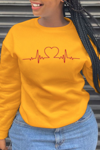 Yellow Fashion Casual Print Patchwork O Neck Tops