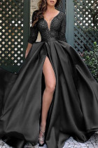 Schwarze, sexy, elegante, solide Patchwork-Kleider mit Schlitz und Falten und V-Ausschnitt in A-Linie