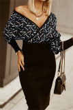 Khaki Fashion Casual Print Patchwork V Neck Long Sleeve Dresses
