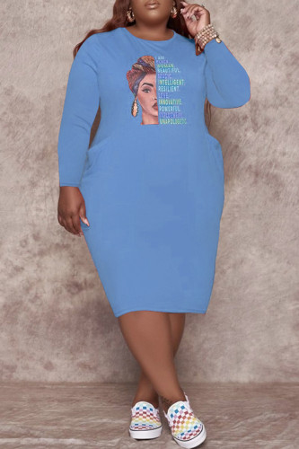 Синий модный повседневный принт с круглым вырезом и длинным рукавом платья больших размеров