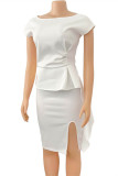 White Fashion Casual Solid Patchwork Slit O Neck Pencil Dress