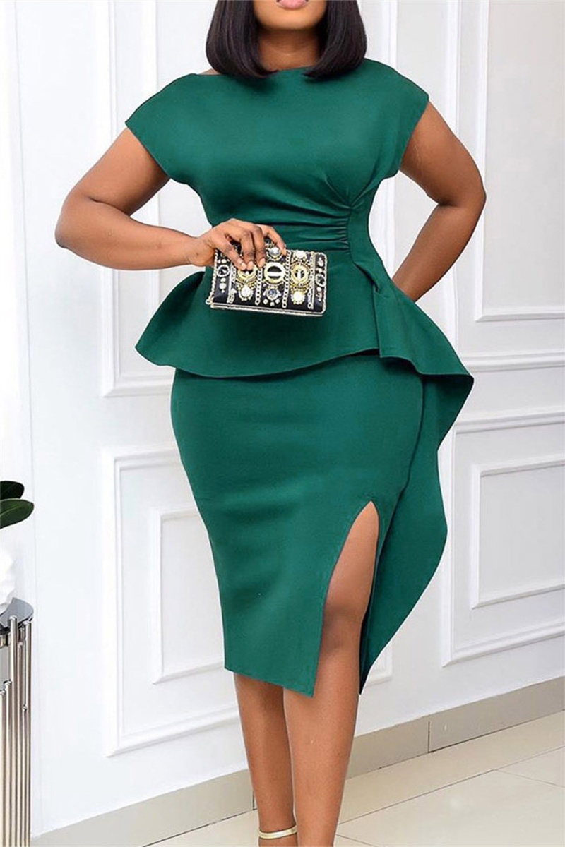 

Green Fashion Casual Solid Split Joint Slit O Neck Pencil Dress