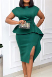 グリーン ファッション カジュアル ソリッド パッチワーク スリット O ネック ペンシル ドレス