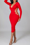 Red Sexy Solid Hollowed Out Patchwork Backless V Neck One Step Skirt Dresses