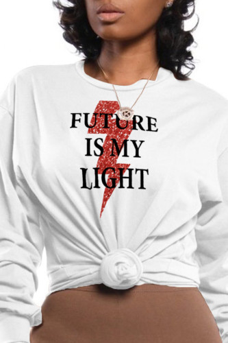 White Fashion Street Print Patchwork O Neck Tops