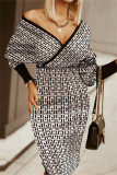Kaki mode casual print patchwork jurken met V-hals en lange mouwen