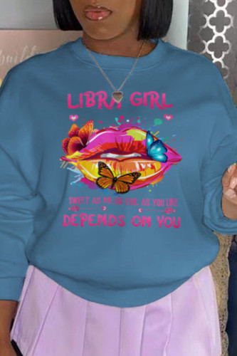 Blue Casual Vintage Lips Printed Patchwork O Neck Tops