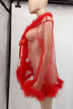 Красное модное сексуальное прозрачное белье в стиле пэчворк с уздечкой (без трусиков)