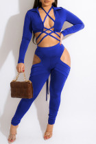 Синий модный сексуальный сплошной выдолбленный ремешок с отложным воротником и длинным рукавом из двух частей