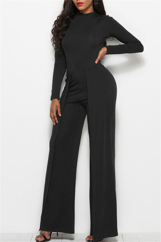 Black Fashion Casual Solid Basic Regular Jumpsuits