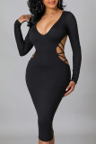 Black Sexy Solid Hollowed Out Patchwork Backless V Neck One Step Skirt Dresses