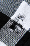 Zwart-wit casual street geruite print patchwork gesp turndown kraag tops