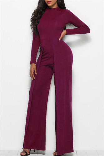 Burgundy Fashion Casual Solid Basic Regular Jumpsuits