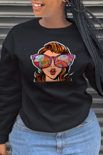 Black Casual Print Patchwork O Neck Tops