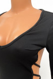 Schwarze sexy solide ausgehöhlte Patchwork-Kleider mit rückenfreiem V-Ausschnitt und einstufigem Rock