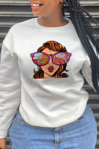 White Casual Print Patchwork O Neck Tops