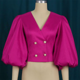 Blusas de patchwork sólidas elegantes vermelho rosa com decote em V