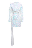 Blauw sexy elegant effen patchwork asymmetrische pailletten O-hals onregelmatige jurkjurken