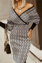 Kaki mode casual print patchwork jurken met V-hals en lange mouwen