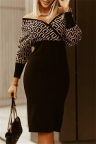 ブラック カーキ ファッション カジュアル プリント パッチワーク V ネック ロング スリーブ ドレス