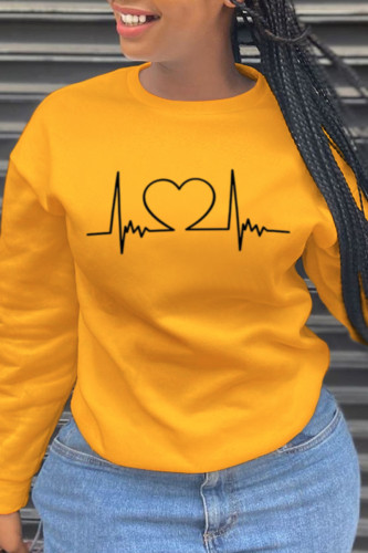 Yellow Sweet Street Print Patchwork O Neck Tops
