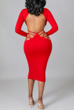 Red Sexy Solid Hollowed Out Patchwork Backless V Neck One Step Skirt Dresses