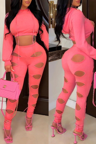 Pink Sexy Solid Hollowed Out Patchwork Hooded Collar Long Sleeve Two Pieces