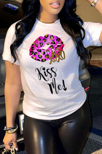 White Fashion Casual Lips Printed Letter O Neck T-Shirts