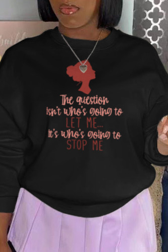 Black Casual Vintage Print Letter O Neck Tops