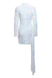 Blå Sexig Elegant Solid Patchwork Asymmetriska paljetter O-hals Oregelbundna klänningar