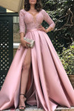 Pink Sexy Elegant Solid Patchwork Slit Fold V Neck A Line Dresses