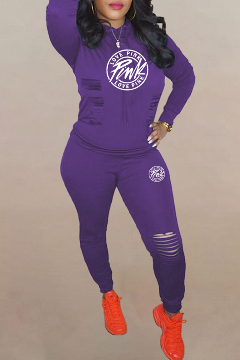 

Purple Fashion Sportswear Letter Ripped Hooded Collar Long Sleeve Two Pieces