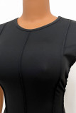 黒のセクシーなソリッド包帯パッチワーク背中の開いたOネックワンステップスカートドレス