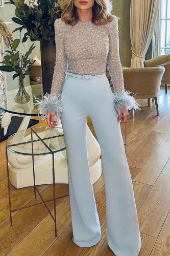 Light Blue Fashion Sexy Solid Patchwork Feathers Beading O Neck Straight Jumpsuits